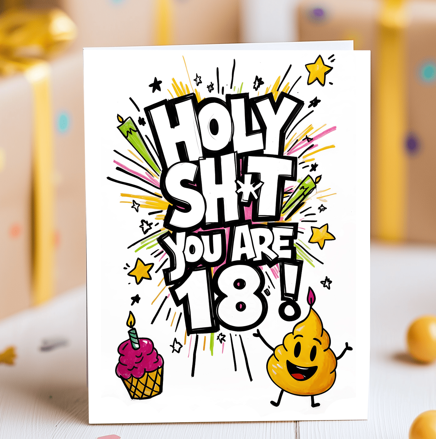 Funny 18th birthday card with text “Holy Sh!t You Are 18!”, cartoon poop emoji and cupcake with colourful comic-style burst