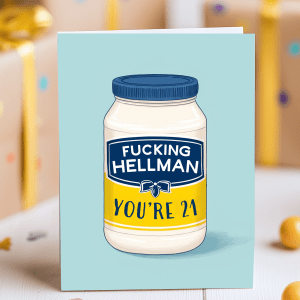 Funny 21st birthday card parodying a mayo jar with bold cheeky label