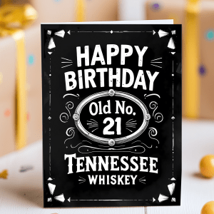 Funny 21st birthday card with hand-drawn Tennessee whiskey bottle in bold black design