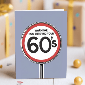 Funny 60th birthday card with UK road sign showing “60” and text “Now Entering Your 60s”