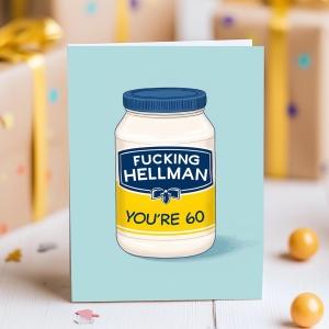 Funny 60th birthday card with mayo jar parody and “You’re 60” on pastel blue background