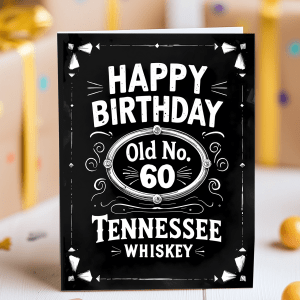 Funny 60th birthday card with whiskey-style black label reading “Aged to 60 Perfection” and “Old No. 60”