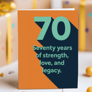 Elegant 70th birthday card with modern typography and message “Seventy years of strength, love, and legacy”
