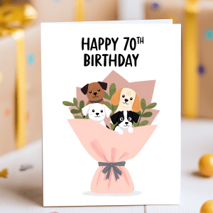 Cute 70th birthday card with cartoon dog bouquet wrapped in pink paper and bold “Happy 70th Birthday” text