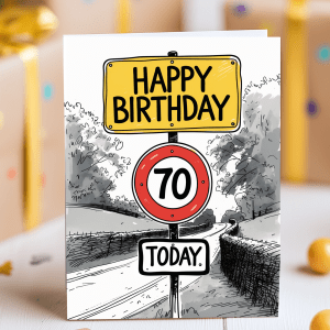 Funny 70th birthday card with UK countryside road scene and playful milestone road signs