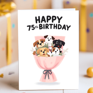 Cute 75th birthday card with a puppy bouquet and the text "Happy 75th Birthday"