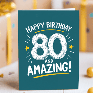 Modern 80th birthday card with teal background, white “80 and Amazing” text and yellow starbursts