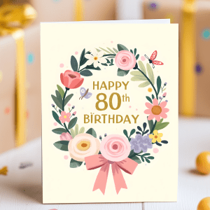 Elegant 80th birthday card with vintage floral wreath, soft ribbon, and handwritten gold text on a cream background