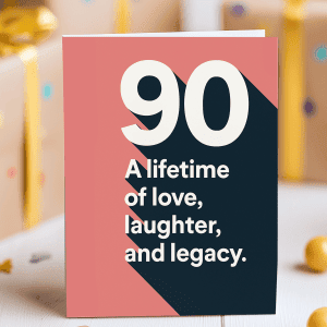 Elegant 90th birthday card with bold white numerals, navy shadow, pink background, and heartfelt message