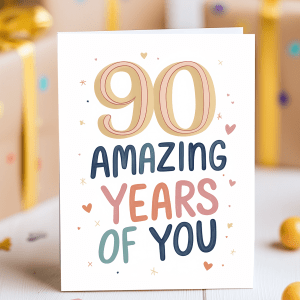 Minimalist 90th birthday card with hand-lettered “90 Amazing Years of You” in pastel colours and playful font