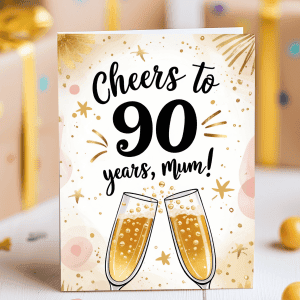 90th birthday card for Mum with champagne glasses and hand-lettered “Cheers to 90 Years” on festive background