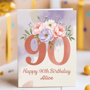 Personalised 90th birthday card with pink and lilac floral bouquet and handwritten name on watercolour background