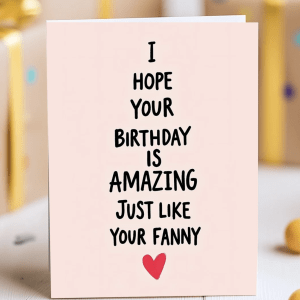 Cheeky birthday card for wife or girlfriend with hand-drawn text and red heart on pink background