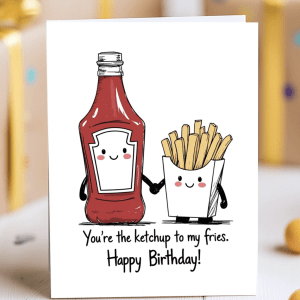 Hand-drawn ketchup and fries birthday card with cute food illustration and “Happy Birthday” text