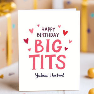 Funny rude birthday card that says “Happy Birthday Big Tits”