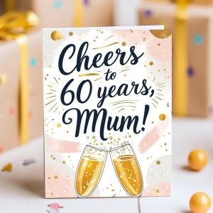 60th birthday card for mum with “Cheers to 60 Years” and champagne glasses on a festive background