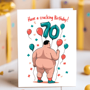 Funny 70th birthday card with cartoon man bum and balloons