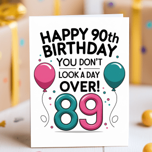 Funny birthday card with pastel background and the phrase “You Don’t Look a Day Over 89!” with balloons and birthday cake illustration