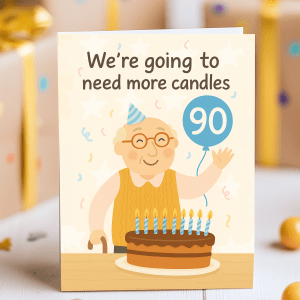 Funny 90th birthday card for grandad with candles and balloon