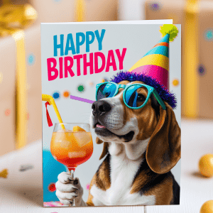 Beagle in party hat with cocktail birthday card