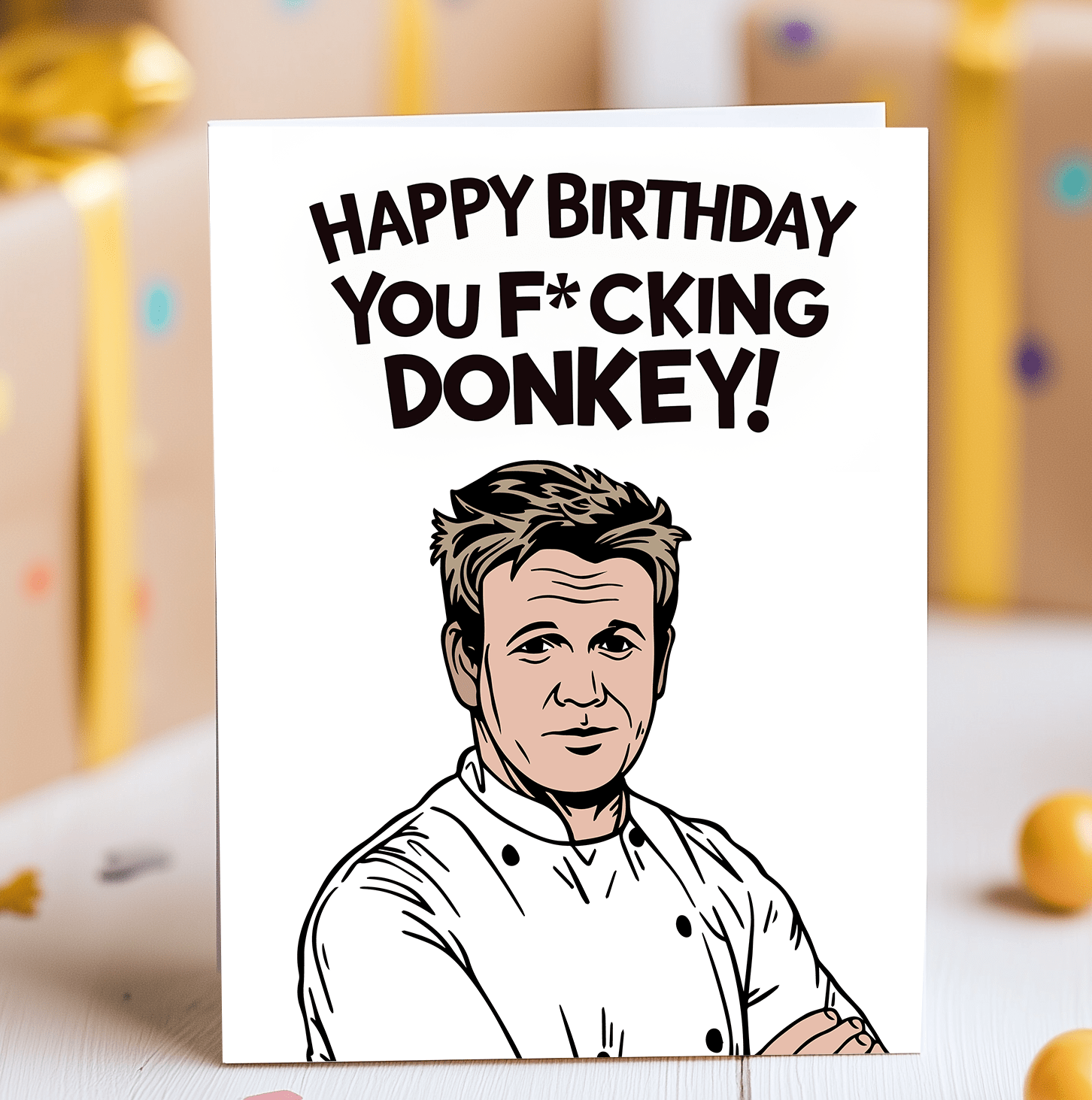 Funny Gordon Ramsay birthday card with cartoon chef and “You F*cking Donkey” insult