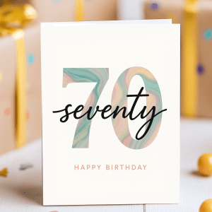 Elegant 70th birthday card with pastel watercolour marble “70” and handwritten “seventy” script overlay