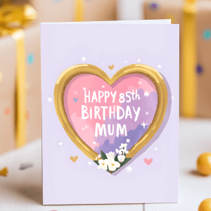 Elegant 85th birthday card for mum with heart-shaped pearl necklace, gold text, and floral accents