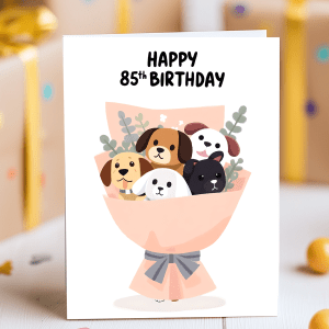 Cute 85th birthday card for mum with cartoon dog bouquet in pink wrap and playful birthday message