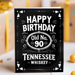 90th birthday card with black whiskey label design and “Aged to 90 Perfection” text