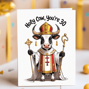 Funny 30th birthday card with cartoon bishop cow and “Holy Cow” joke