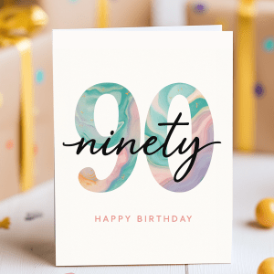Elegant 90th birthday card with pastel marbled “90” and handwritten “ninety” script overlay