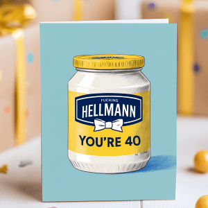 Funny 40th birthday card with hand-drawn mayo jar parody and bold milestone text