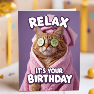 Funny cat birthday card with ginger cat in pink robe and cucumbers on eyes