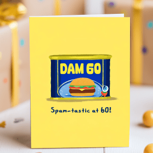 Funny 60th birthday card with a Spam-style tin and the text “DAM 60 – Spam-tastic at 60”