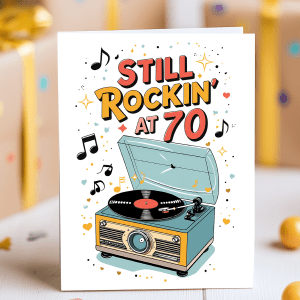70th birthday card with retro record player and “Still Rockin’ at 70” text