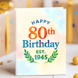 80th birthday card with colorful watercolor text, Est. 1945, and leaf illustrations