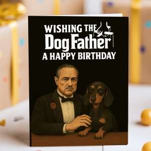 Funny Dachshund Dog Father birthday card parodying The Godfather with a sausage dog illustration