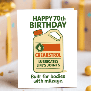 Funny 70th birthday card with illustrated motor oil bottle labeled Creakstrol and tagline 'Built for bodies with mileage'