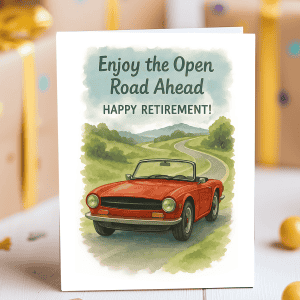 Retirement card for him with red convertible driving on scenic open road